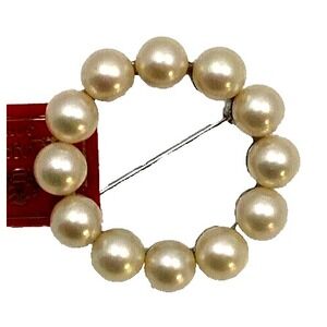 NWT Vintage Open Circle Faux Pearl Round Brooch Pin in Silver Tone Setting Spain